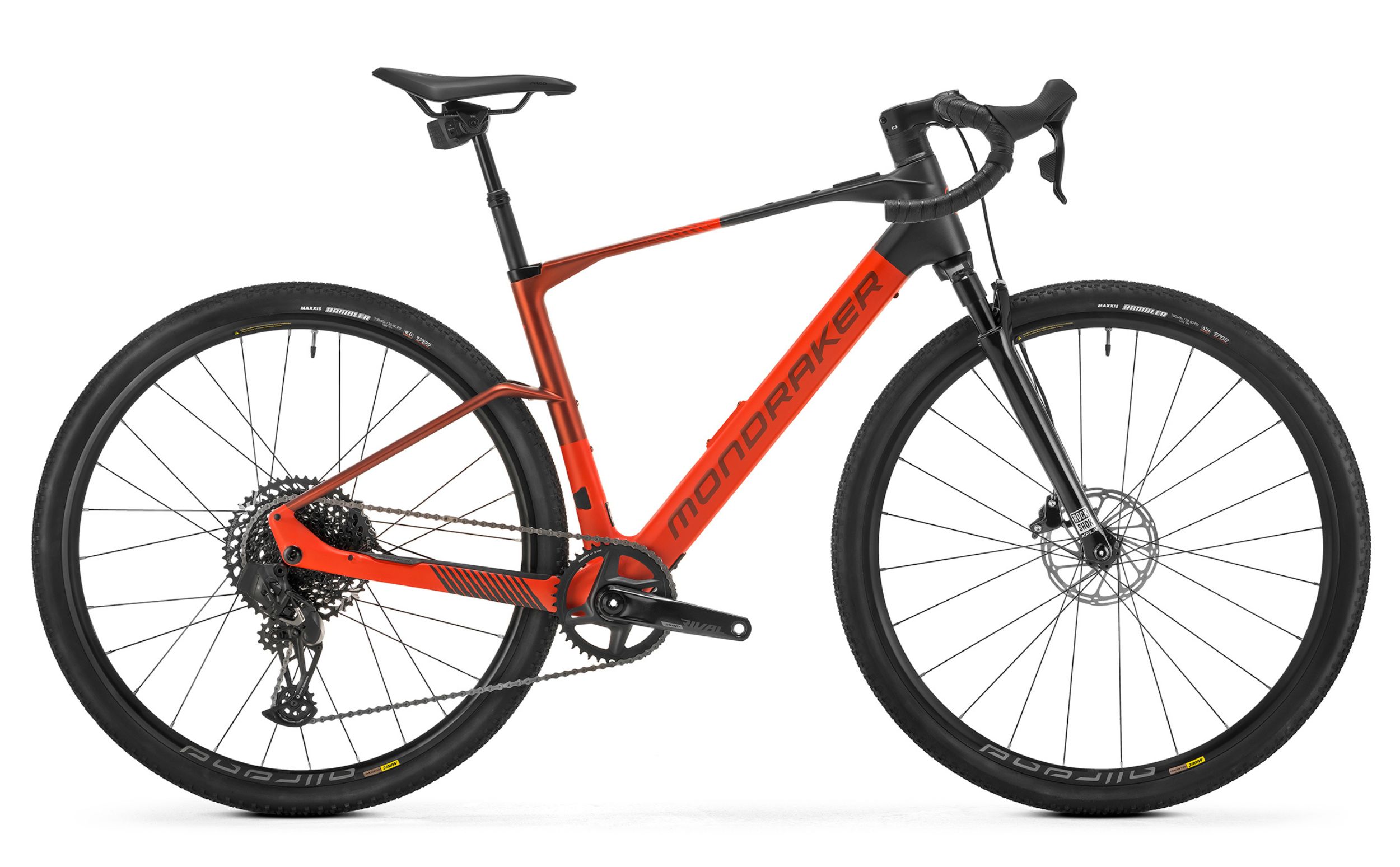Mondraker Dusty RR – Seitenansicht des sportlichen E-Gravelbikes in Rot-Schwarz.