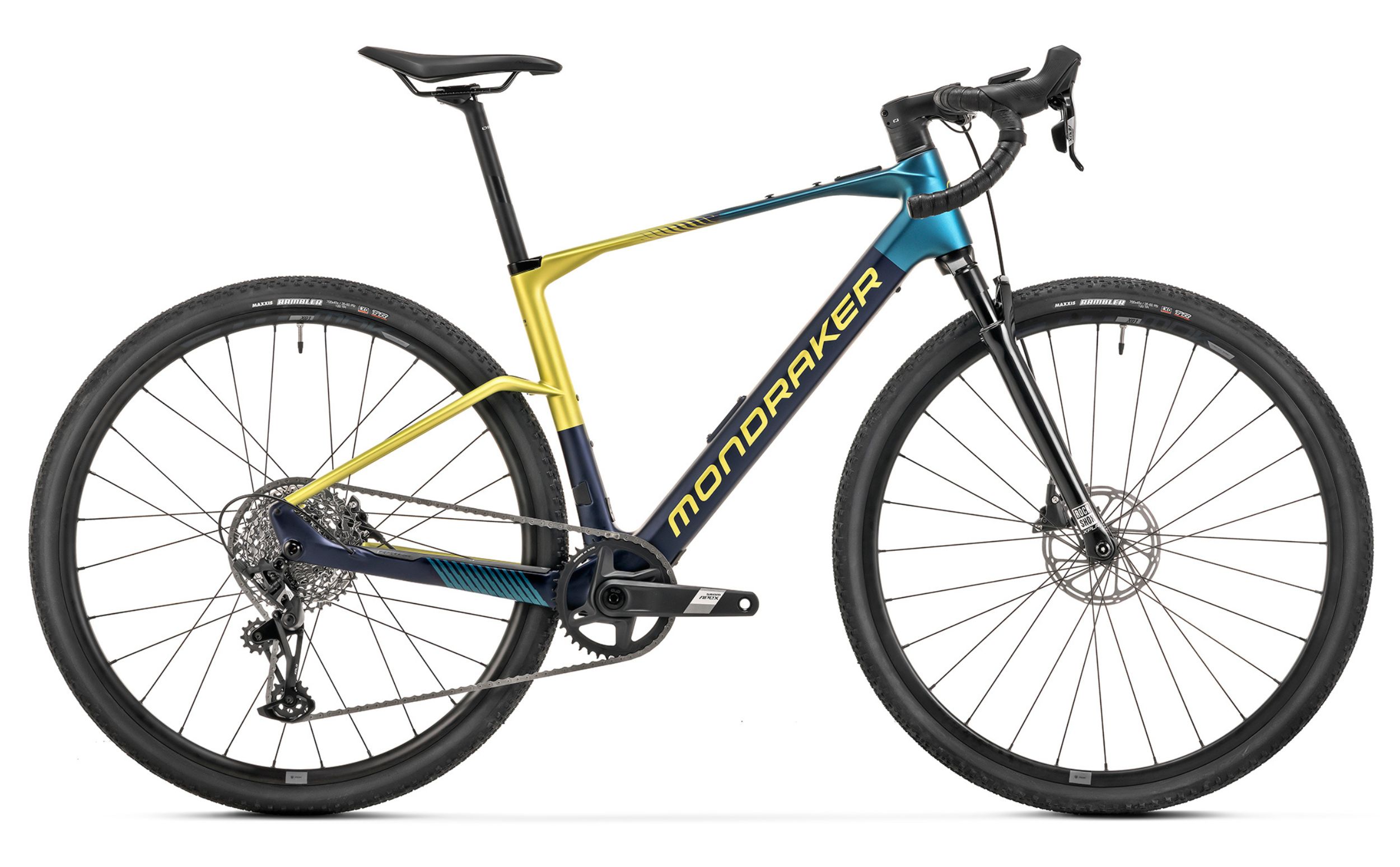 Mondraker Dusty R – Seitenansicht des sportlichen E-Gravelbikes in Blau-Gelb.
