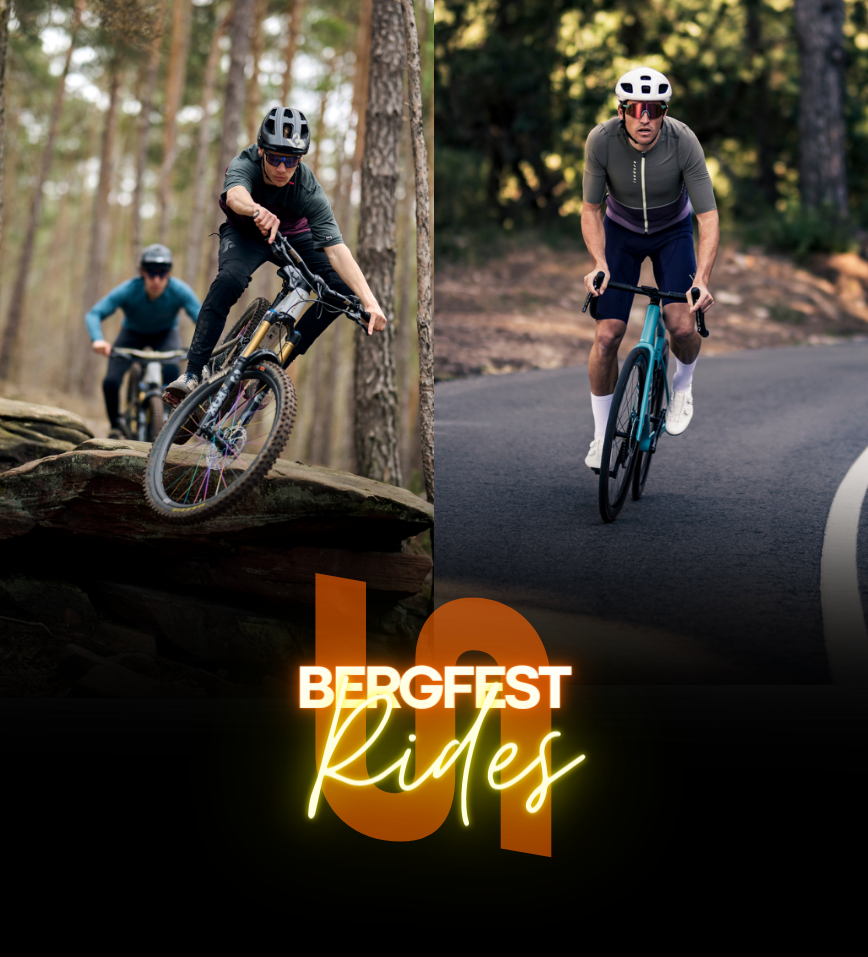 Zweiteiliges Bild: Links fahren zwei Mountainbiker über einen Felsen im Wald, rechts ein Rennradfahrer auf einer kurvigen Asphaltstraße – darunter Schriftzug "Bergfest Rides".