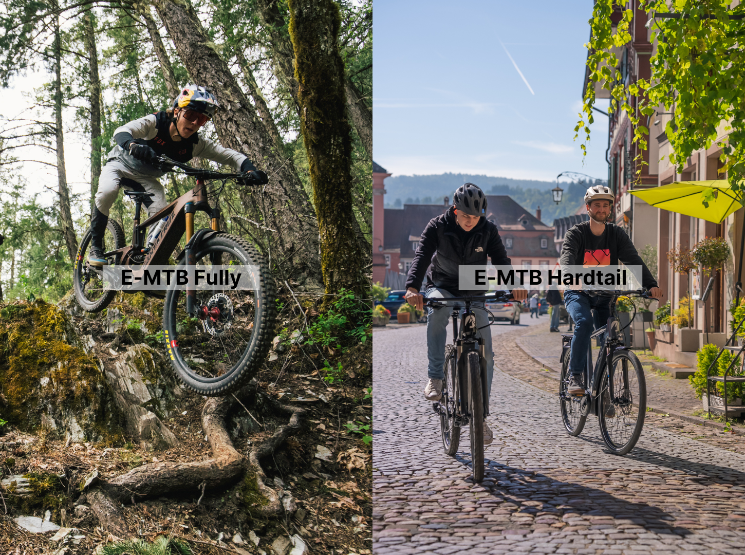 Gegenüberstellung E-MTB Fully vs. E-MTB Hardtail_Fully beim Enduro fahren im Steinfeld_rechts zwei Radfahrer auf E-MTB Hardtails auf asphaltiertem Weg in den Reben